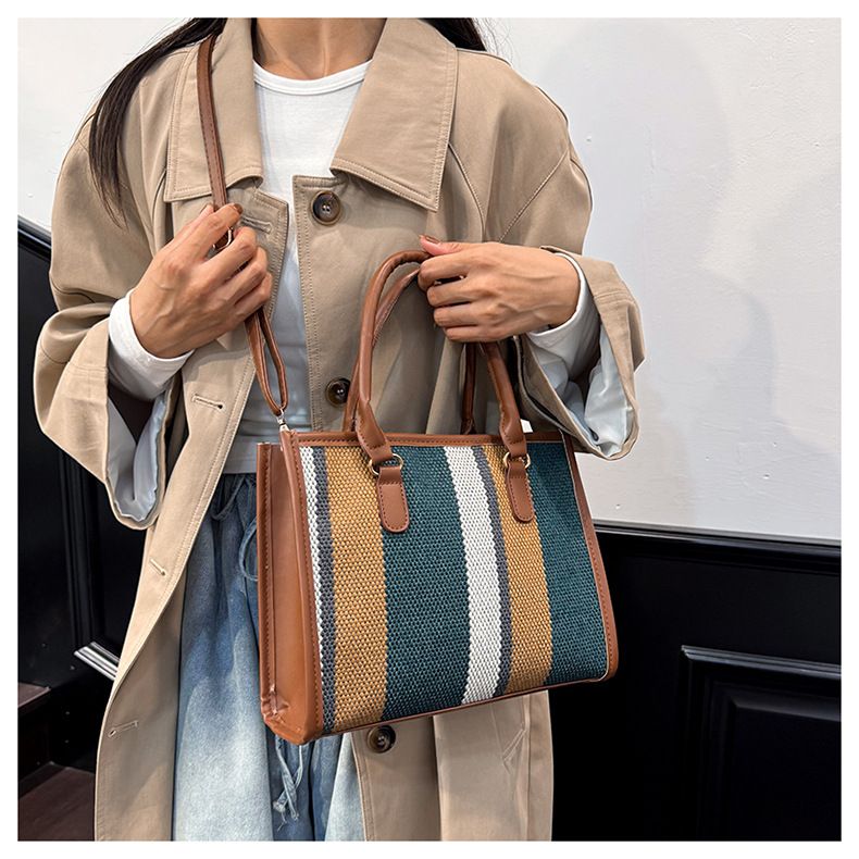 Large Capacity Handheld Tote For Women 2025 New European And American Trendy Canvas Color-Block Striped Single Shoulder_voghion.com