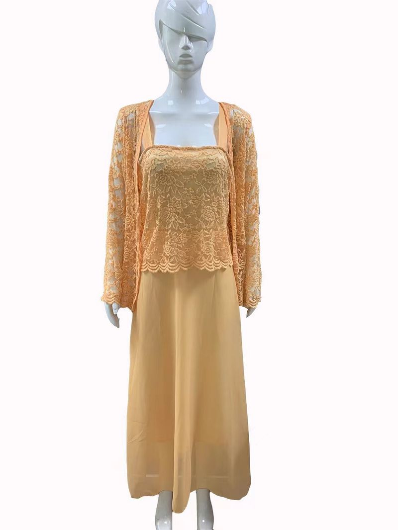 New Fashion Two Piece Lace Cardigan Chiffon Long Dress Large Set_voghion.com