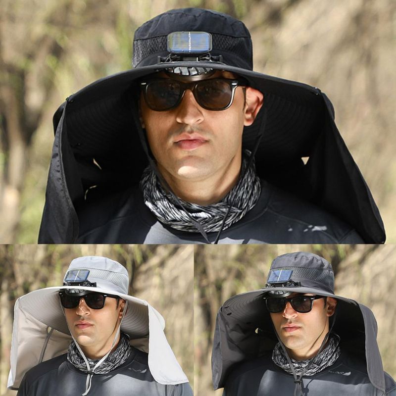 Nuovi arrivi Cappello a secchiello con tesa larga UPF50+ impermeabile con ventola ad energia solare per pesca, escursionismo, campeggio, protezione solare per testa, collo_voghion.com