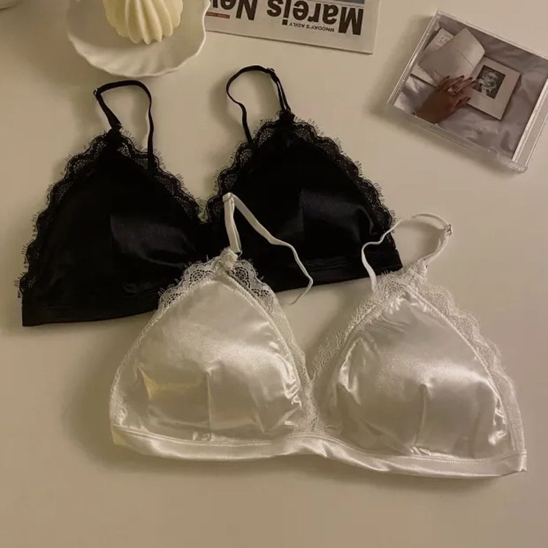 Sieviešu Intimates trīsstūra formas bļodiņu formas mežģīņu apakšveļa Sieviešu skaista muguras siksniņu augšdaļa ar krokām, kas novērš nokarāšanos, bez tērauda gredzena, maza krūšu daļa, plāna aptinuma forma._voghion.com
