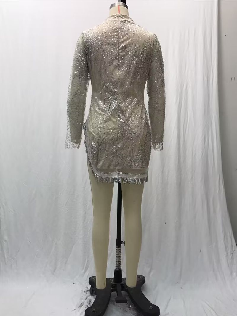Abito da sera sexy a maniche lunghe con spacchi di nappe in oro e argento, da donna_voghion.com