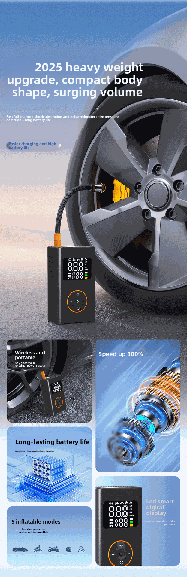 Pompa dell'aria per auto Pompa dell'aria elettrica intelligente wireless portatile per auto Arresto automatico della carica Gonfiaggio ad alta pressione_voghion.com