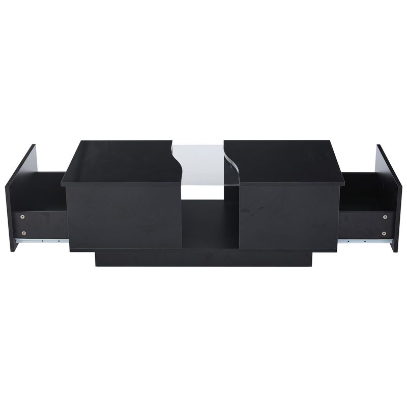 Table basse moderne à LED avec 2 tiroirs, 100 x 50 x 35 cm, plateau en acrylique noir brillant avec éclairage LED, table d'appoint en MDF pour salon et chambre._voghion.com