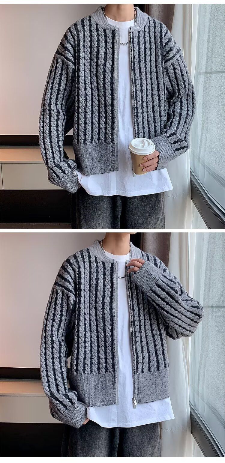 Herren-Strickpullover mit Retro-Streifen und Zopfmuster und Reißverschluss, lässige Strickjacke mit lockerer Passform für Herbst und Winter, trendige Mode_voghion.com