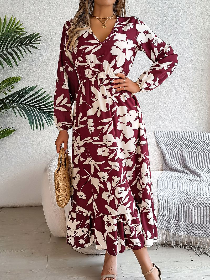 Abito casual a maniche lunghe con volant e fiori in vita, autunno e inverno 2025, abbigliamento da donna_voghion.com