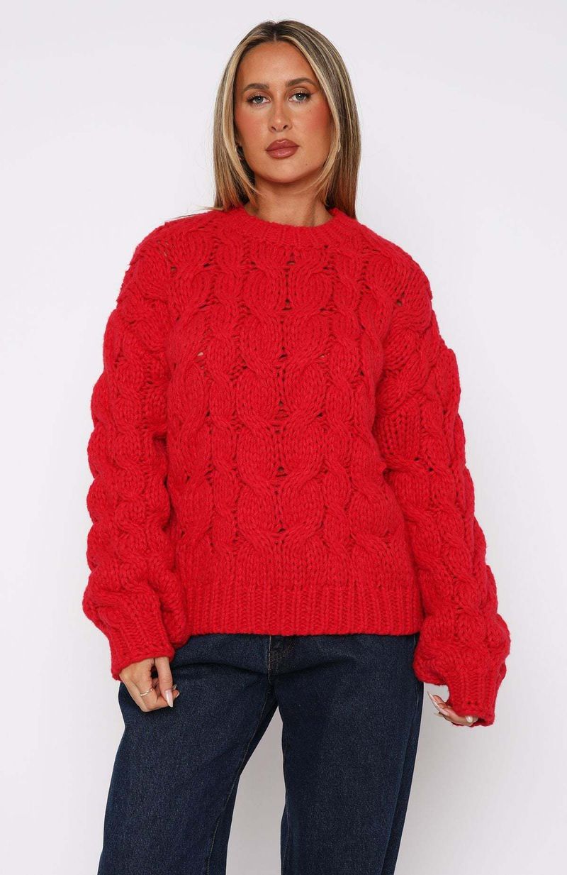 Women's Clothing Women's Oversized Cable Knit Sweater - Chunky Ribbed Pullover (Red/Grey/Cream, S/M/L/XL)_voghion.com