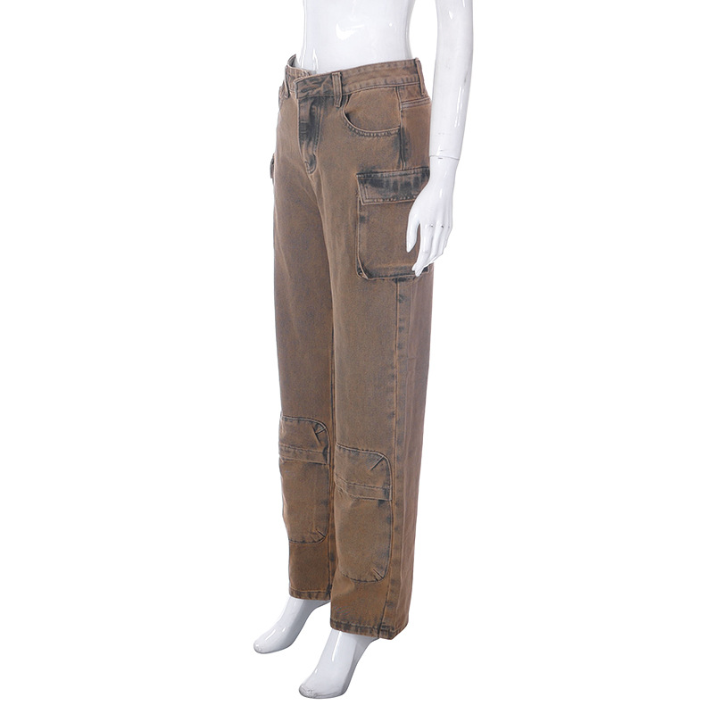 K23PT003 Pantaloni casual in denim da tasca a vita alta con bottoni casual a tinta unita estivi da donna_voghion.com
