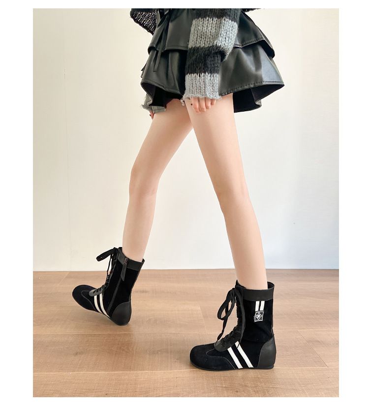 Kadın Ayakkabıları İnek Derisi İç Yükseklik Boks Botları Düz Tabanlı Eğlence Sporları Bağcıklı Martin Botları Kısa Botlar_voghion.com