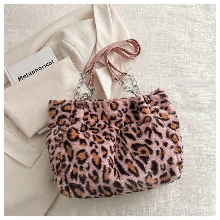 Eenvoudige tas met grote capaciteit, modieuze luipaardprint, pluchen tas, sfeervolle, harige schoudertas voor dames_voghion.com