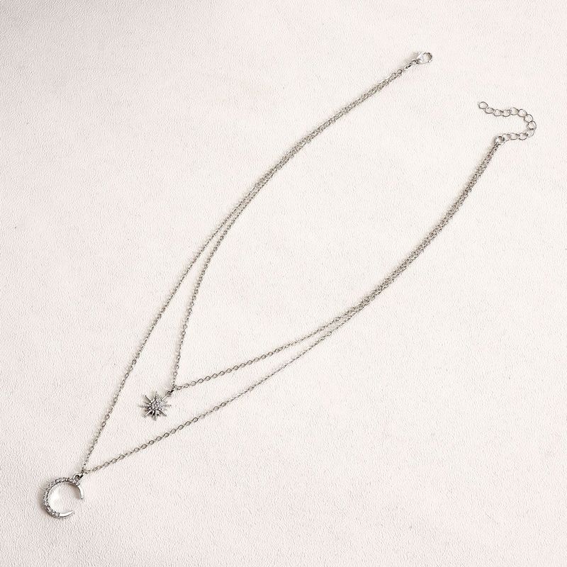 Double Stacked Diamond Sun Moon Necklace Ins Wind Octagram Collarbone Chain Necklace_voghion.com