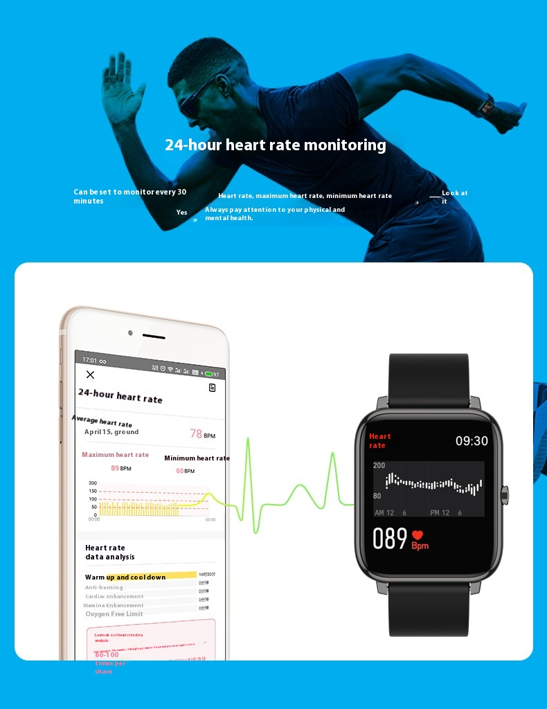 Orologio sportivo intelligente - Dotato di monitoraggio della frequenza cardiaca, impermeabile IP67, durata della batteria di 30 giorni (borsa da braccio gratuita)_voghion.com