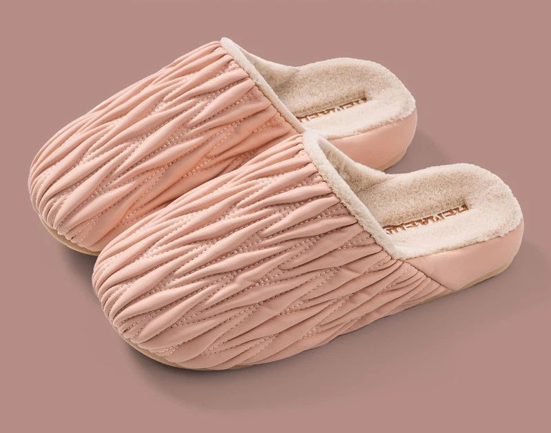 Wrinkled Cotton Slippers For Women, Autumn And Winter, Indoor Home, Anti Slip, Waterproof, Warm, Home With Velvet Leather Slippers For Men_voghion.com