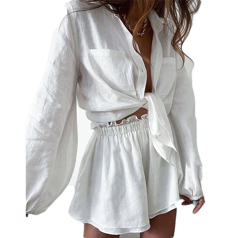 Summer New Women's Casual Fashion Solid Color Ruffle Shorts Shirt Set_voghion.com