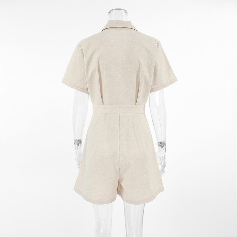Khaki Linen Waist-cinching Wide-leg Jumpsuit For Women, Commuting Professional Short-sleeve Jumpsuit, Autumn Women's_voghion.com
