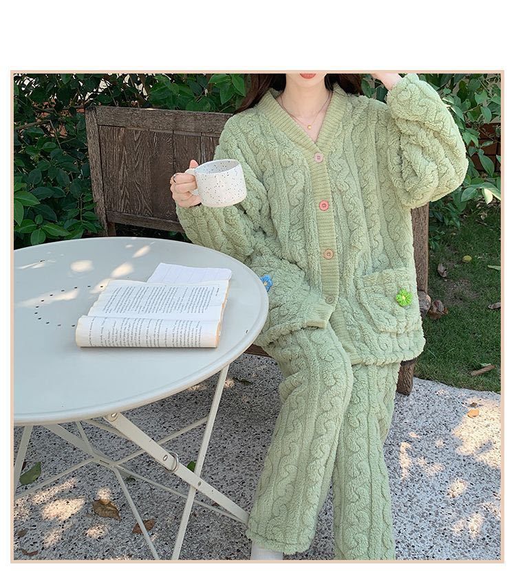 Herbst und Winter New Shu Cotton Lint Thickened Cardigan Pyjamas Loungewear Set_voghion.com