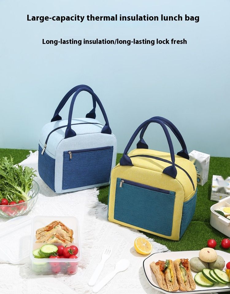 Bolsa Bento Color Blocked Bolsa Isolada Lancheira Catiônica Bolsa de Mão com Folha de Arroz Lancheira Impermeável Espessada Bolsa de Almoço_voghion.com