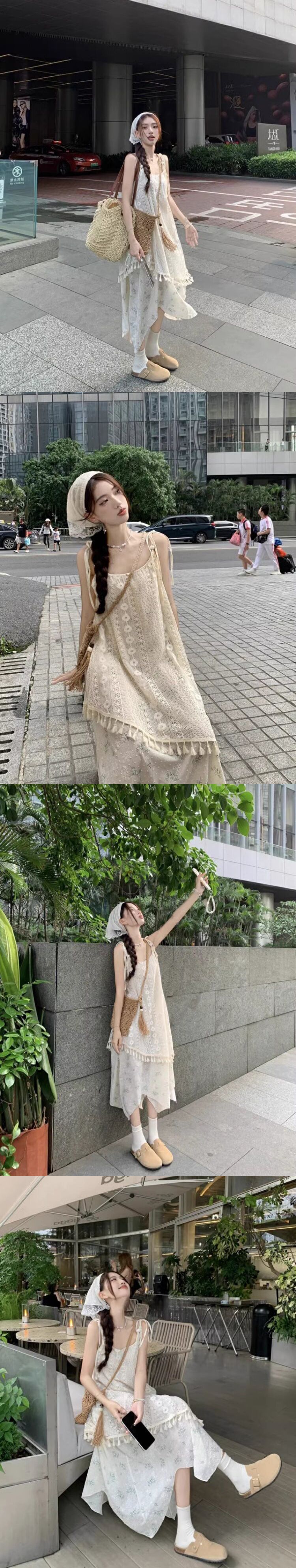 Zweiteiliger Träger im Urlaubsstil für Frauen im Sommer, eleganter Feendruck, Quaste, unregelmäßiger Strand, langes Kleid_voghion.com