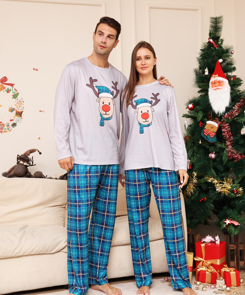 Christmas Plaid cartoon deer Christmas family dress printed home dress pajamas_voghion.com