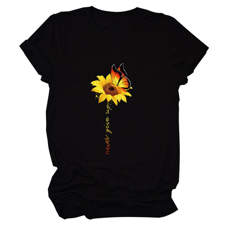Never Give Up – Kurzarm-Oberteil mit Sonnenblumen-Print, lässiges T-Shirt für Damen_voghion.com