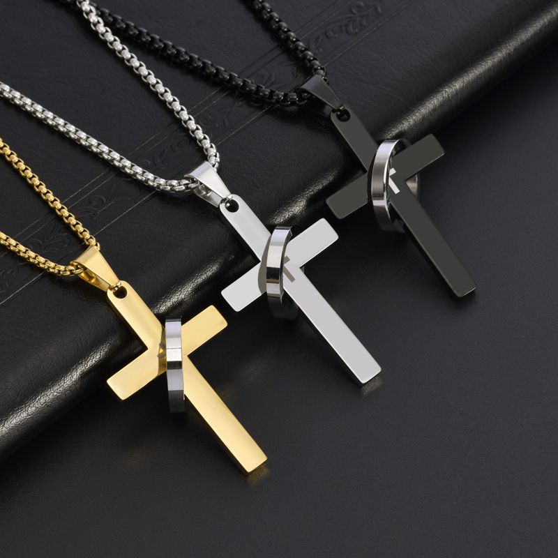 Collana con ciondolo lungo in acciaio inossidabile con croce da uomo, stile hip hop, accessori_voghion.com