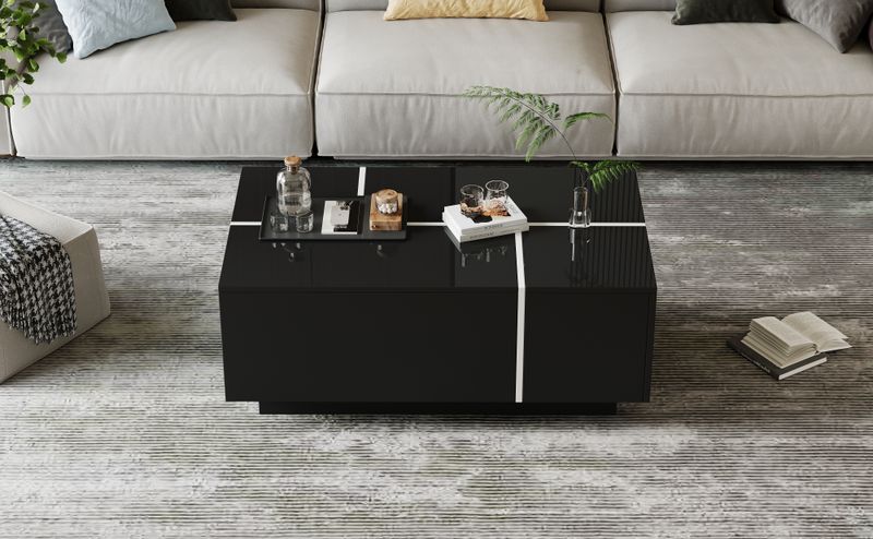 Table basse carrée noire moderne 100 x 60 x 40 cm, finition patchwork brillante, 4 tiroirs et plateau coulissant, supporte jusqu'à 30 kg._voghion.com