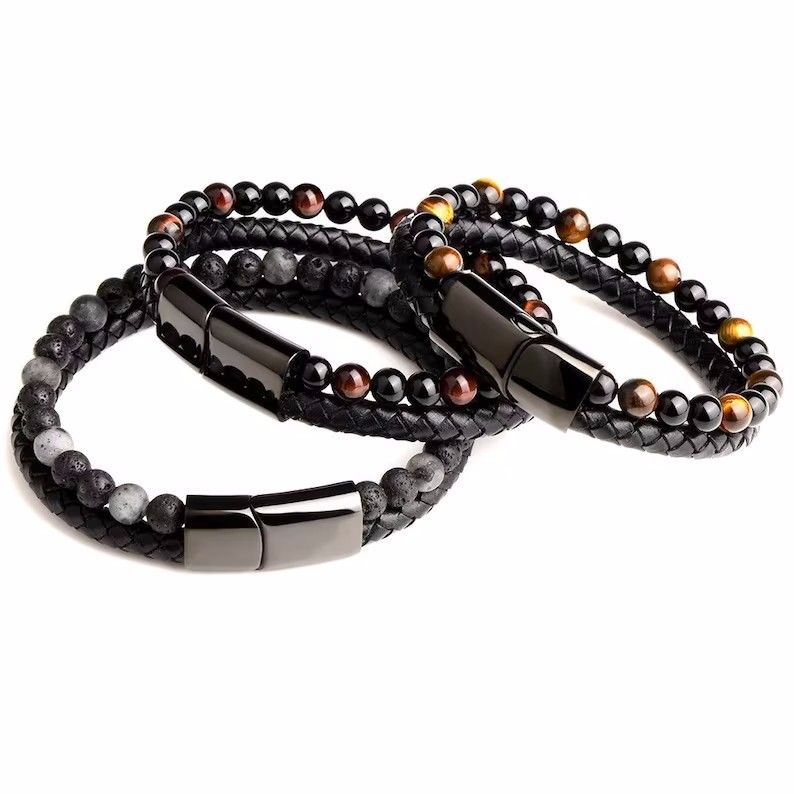 Bracciale Yunjin da uomo in lega di cuoio e corda, con perline in pietra vulcanica naturale a doppio strato e occhio di tigre_voghion.com