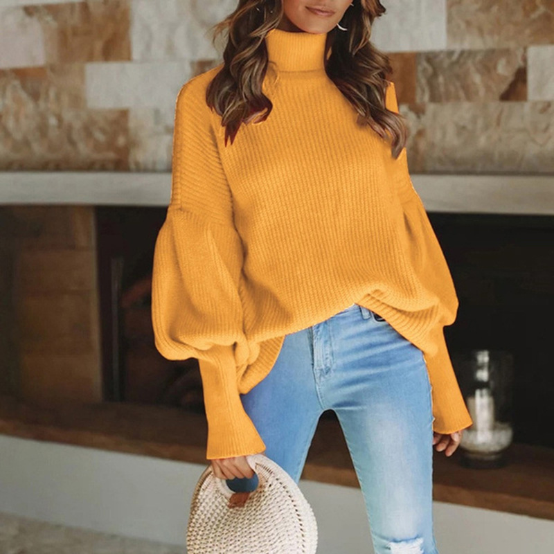 Ropa de mujer Suéter de punto de manga larga con cuello alto y color liso para mujer Ropa de mujer_voghion.com