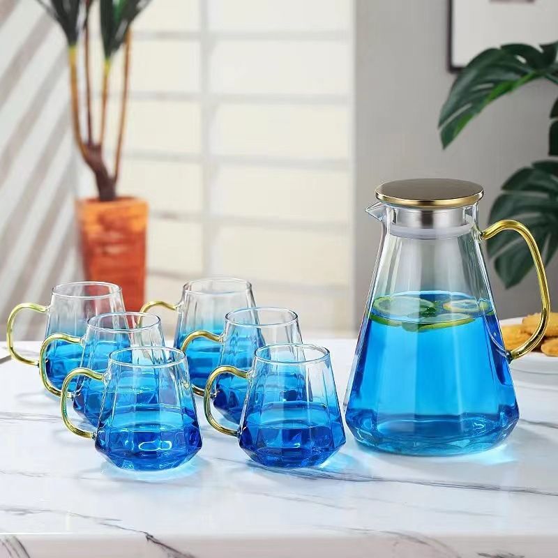Set di brocche in vetro sfumato (brocca da 1800 ml + tazza da 300 ml) – Caraffa in borosilicato spesso per tè freddo, succhi e cocktail. Elegante decorazione per casa e ufficio._voghion.com