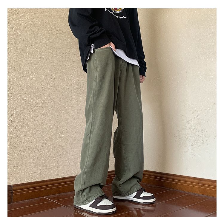 Hosen-Look Schlanke, übergroße Jeans in Militärgrün, gerade, lockere Hose mit weitem Bein für Herren im American High Street-Stil_voghion.com