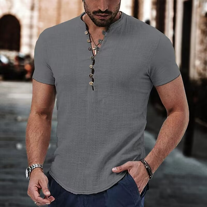 Camicia da uomo in lino 2025, semplice, con scollo a V, abbigliamento casual estivo_voghion.com