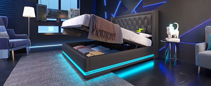 Lit double 160 x 200 cm, matelas en polyuréthane noir, lit coffre hydraulique avec chargement USB Type-C et éclairage LED sur 3 côtés, tête de lit rembourrée (matelas inclus)._voghion.com