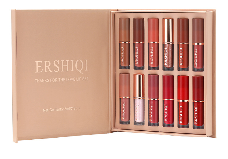 Exclusive ErshiQi 12 Color Book Matte Pearl Gloss Non Stick Cup Lip Glaze Lipstick_voghion.com