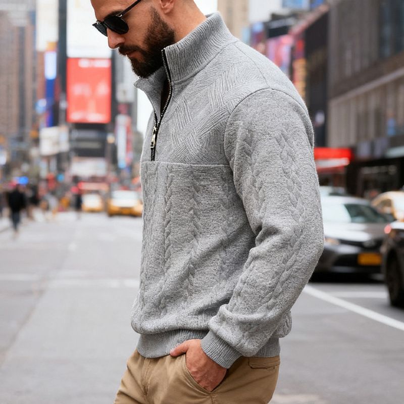 Herren-Sweatshirt mit strukturiertem Jacquard-Halbreißverschluss – Schwerer Pullover mit Stehkragen und einzigartigem geometrischem Muster, entspannte Passform für Herbst/Winter_voghion.com