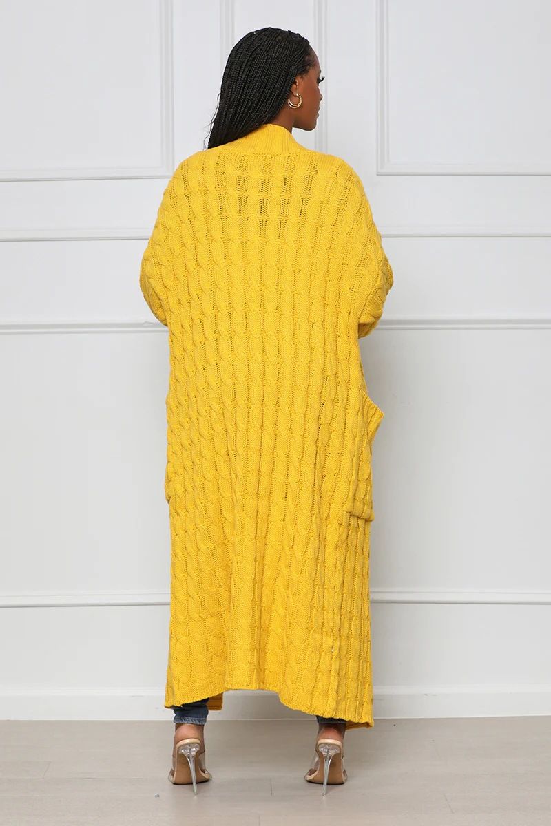 Damenbekleidung Locker gestrickte Strickjacke, gemütliche, übergroße Strickjacke mit Taschen, langer Zopfmuster-Pullovermantel, lockerer Boho-Chic, offene Vorderseite_voghion.com
