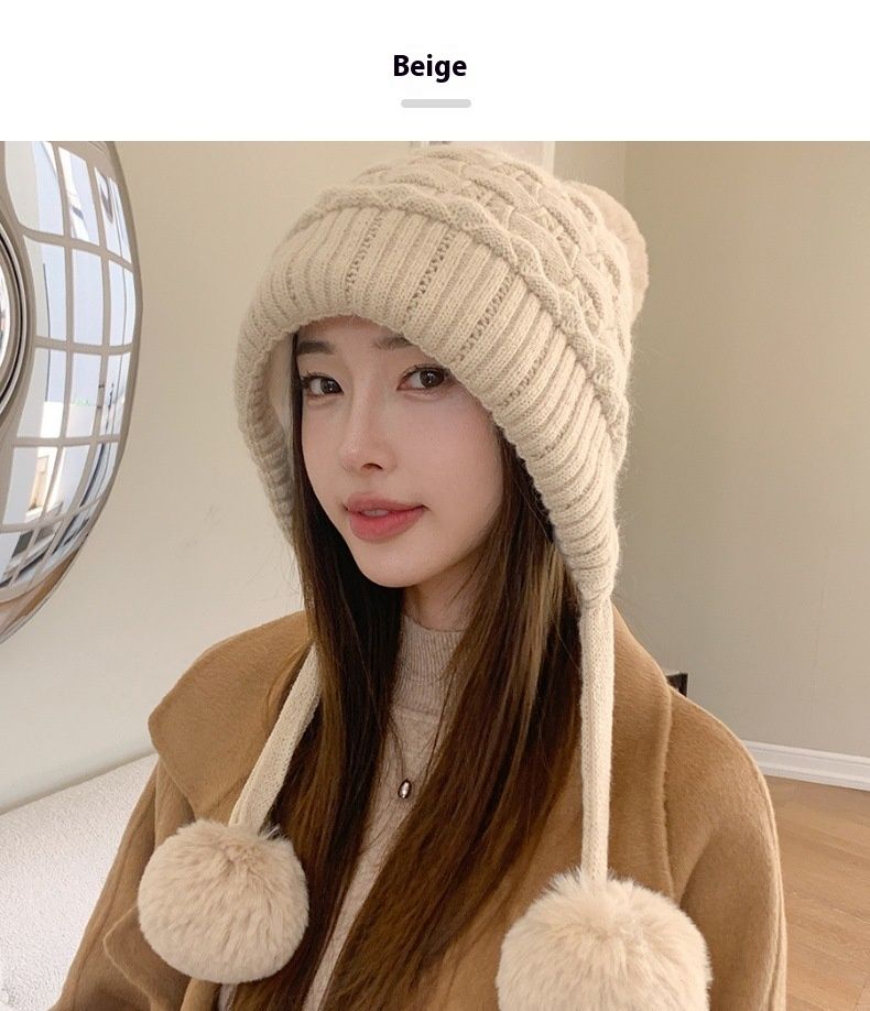 Lazy Style Förtjockad Dubbellagers Öronskydd Kylsäker Tre Ullbollar Kaninpälsmössa Barns Vinter sammet Ansiktsskydd Stickad mössa_voghion.com