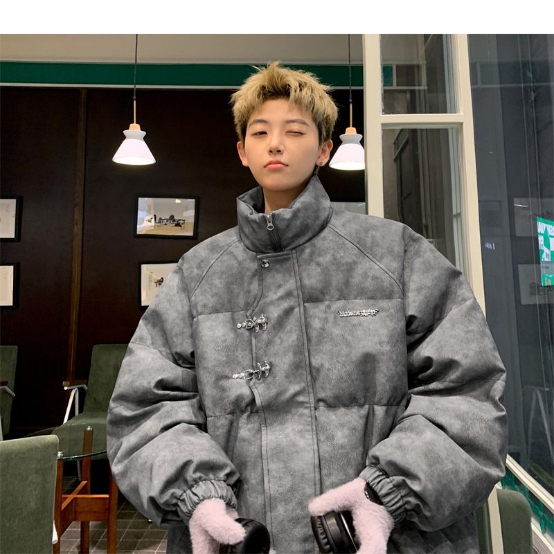 Hue Hue PU Leather For Men Winter Metal Airplane Buckle American Style Coat Thickened Warm Loose Puffer Cotton Padded Jacket_voghion.com