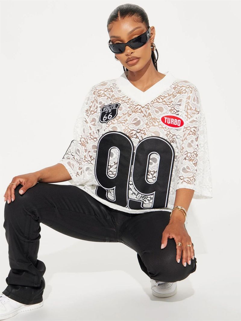 New European And American Cross Border Foreign Trade Fashion Loose V Neck Casual Short Sleeved Sports Style Lace T Shirt Contrast Color Printing Top_voghion.com