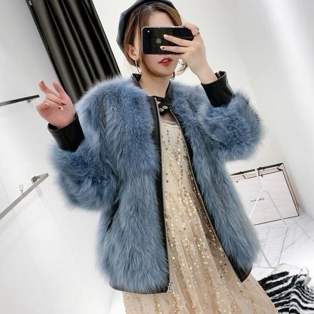 Cappotto in pelliccia di volpe da donna, giacca da motociclista patchwork corta, imbottita e spessa, abbigliamento invernale_voghion.com