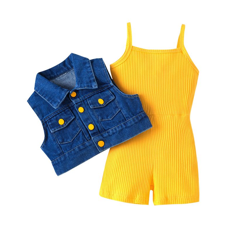 Treasure Salary Children's Fashion Summer Small and Medium Girls Solid Color Pit Stripe jumpsuit+Cowboy Vest Set_voghion.com