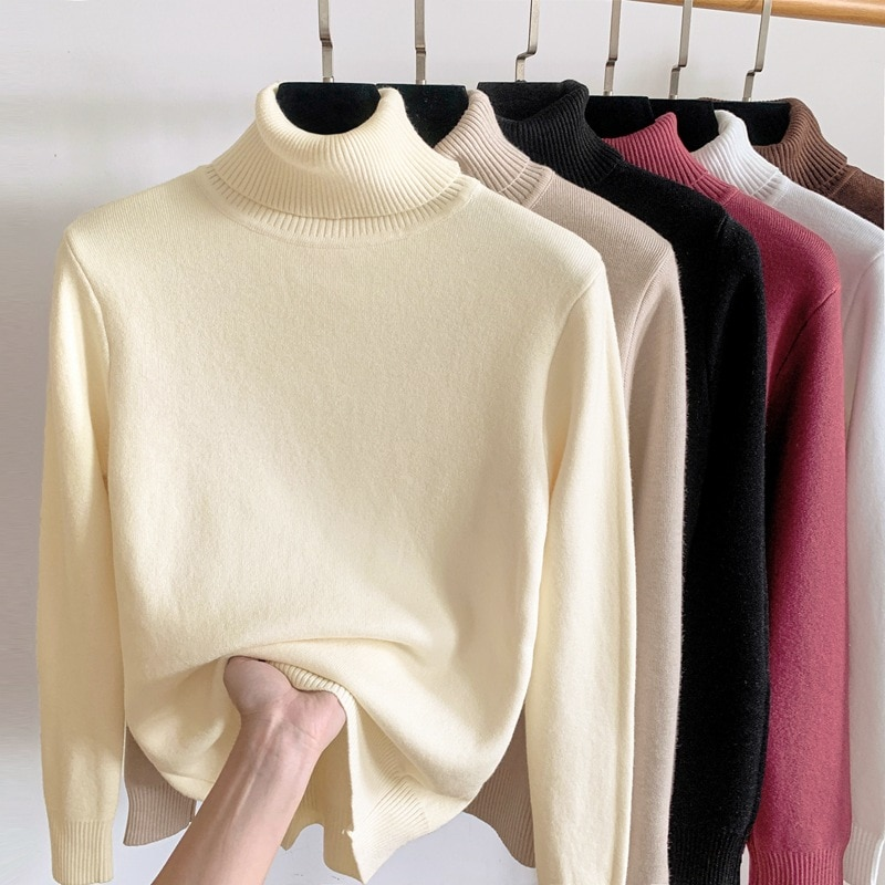 Pull femme automne hiver pull rembourré femmes chaud col roulé bas chemise couleur unie sous-vêtements hauts pulls_voghion.com
