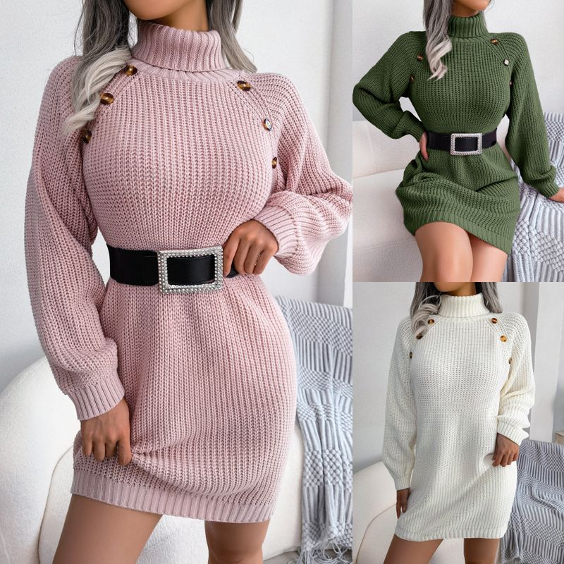 Real Shot, Autumn And Winter, European And American Casual Button-up Turtleneck Long-sleeved Bottoming Sweater Skirt, Women's Clothing_voghion.com