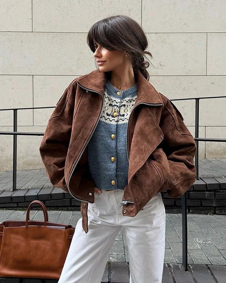 Stylish Short Biker Jacket For Women - Trendy Casual Outerwear With Stand Collar & Zipper Closure, Polyester Fabric, Slim Fit, Dark Brown_voghion.com