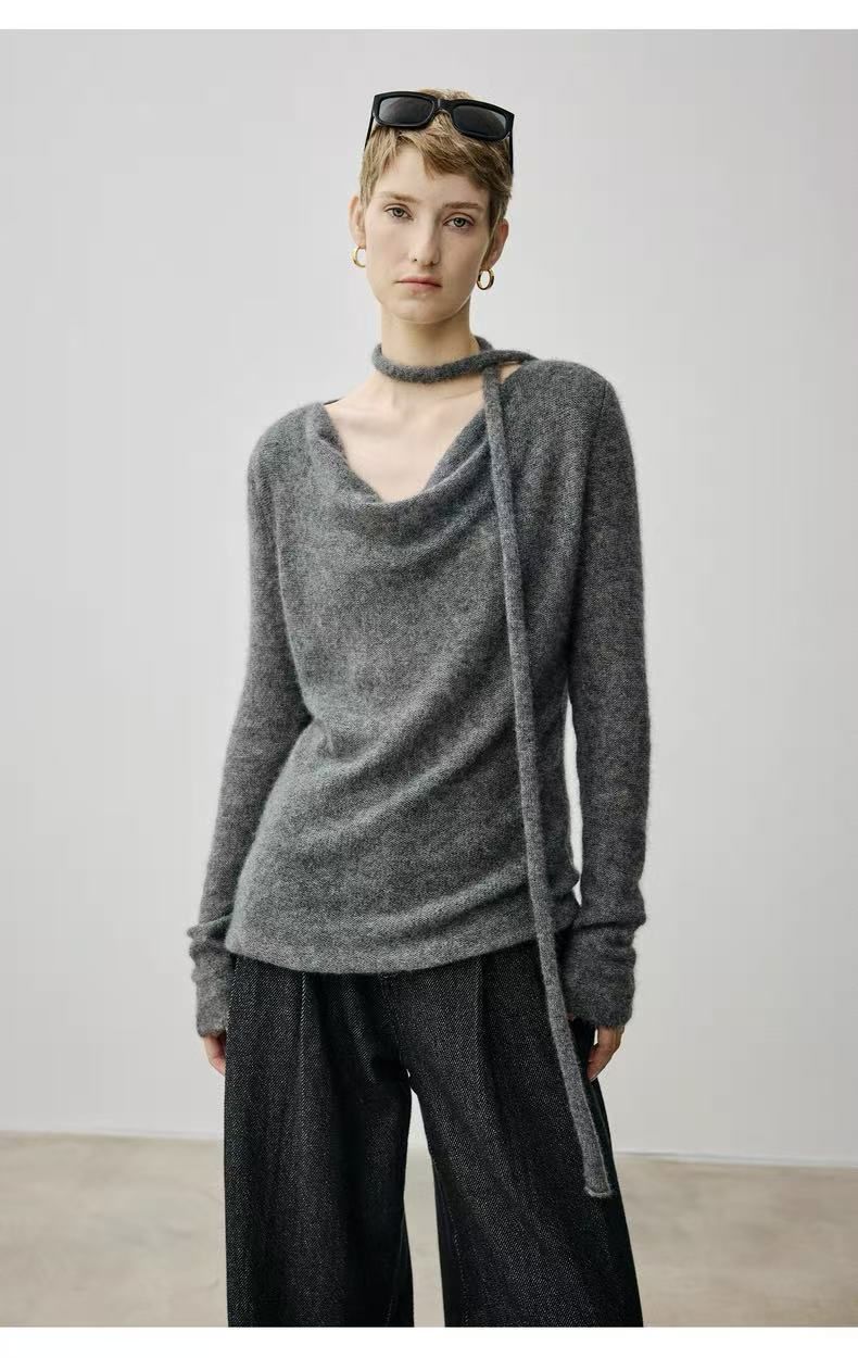 Haut tricoté en laine légère et moelleuse, col évasé, ourlet roulé, petit ruban teckel, pour l'automne et l'hiver_voghion.com