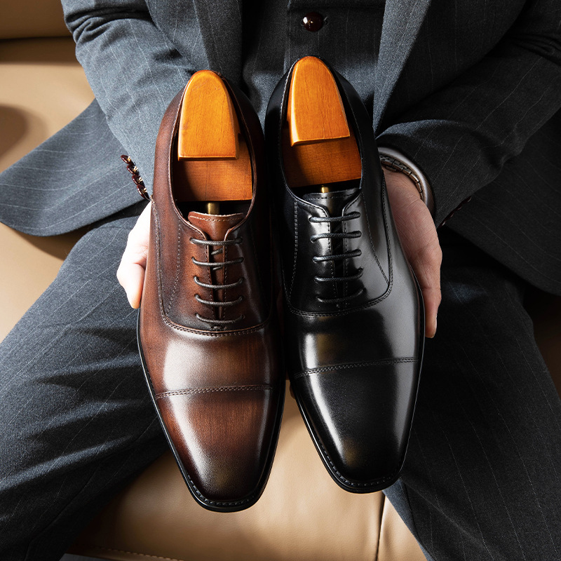 Klassischer Oxford-Schuh mit quadratischem Kopf und drei Gelenken, Oberschicht aus Rindsleder, Business-Kleidung, Arbeitssohle aus Gummi, echtes Leder_voghion.com
