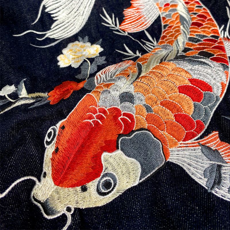 Autumn New Genuine Leather High-Density Embroidered Koi Red-Eared Denim Jacket Retro Trendy Brand Coat_voghion.com