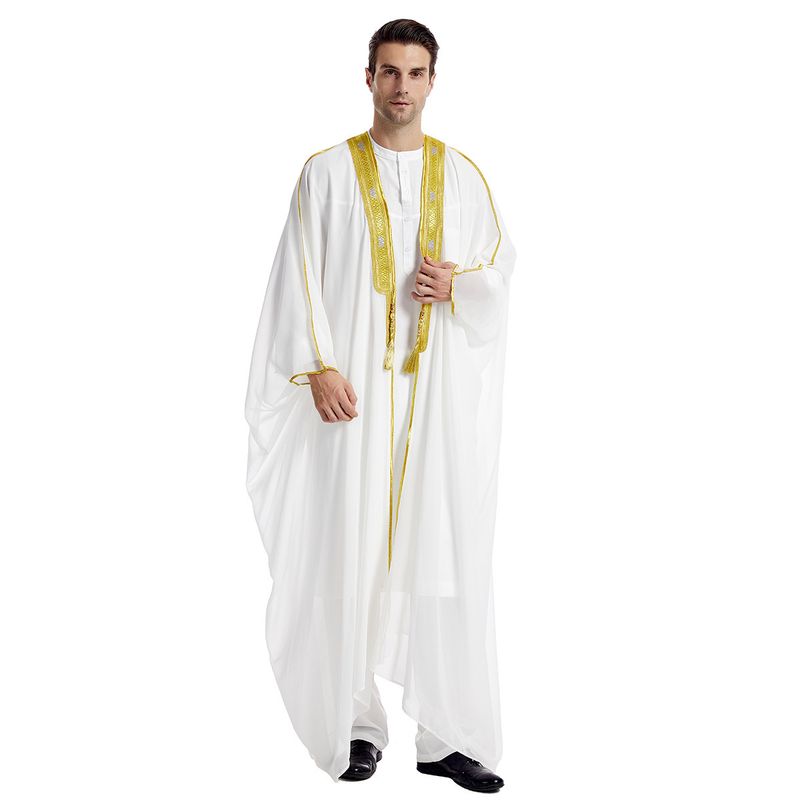 Men's Clothing Middle East Dubai Turkish Muslim Men's Bachelor's Clothing Embroidered Contrast Color Chiffon Robe Thobe_voghion.com