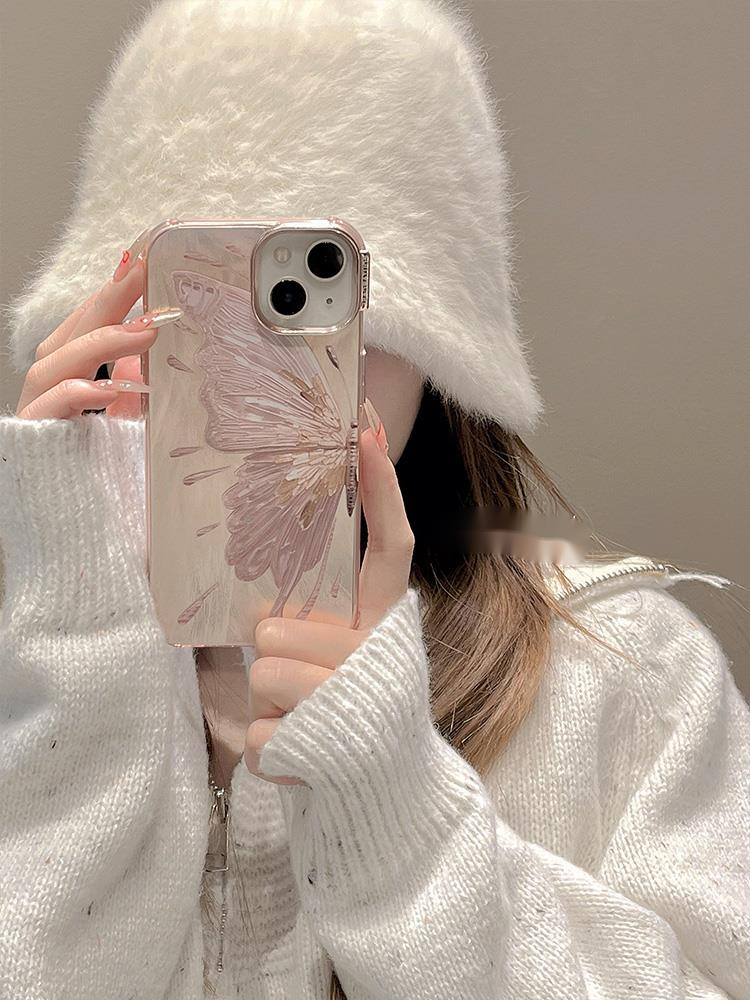 Advanced feeling electroplated pink butterfly suitable for iPhone Promax case, 16 new model, 12 luxurious feather_voghion.com