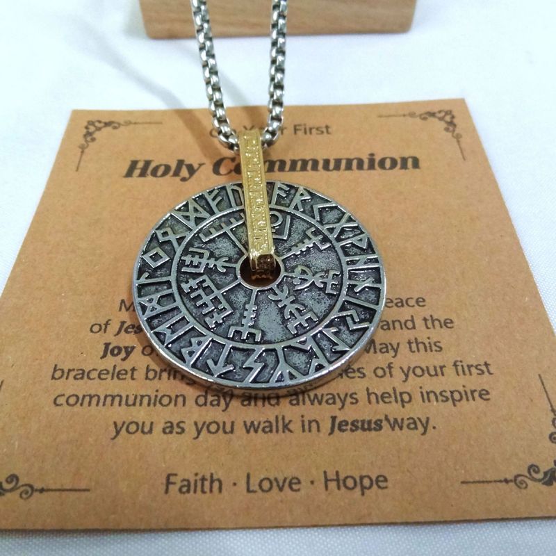 Viking Rune Letter Stainless Steel Chain Personalized Compass Protector Two tone Rotating Pendant_voghion.com