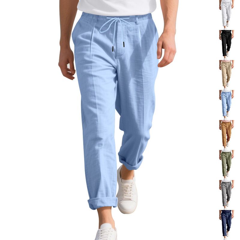 Pantaloni da uomo in lino, traspiranti, comodi, color cachi, dritti, casual, leggeri (cachi chiaro, blu chiaro, marrone) - S/M/L/XL/XXL_voghion.com