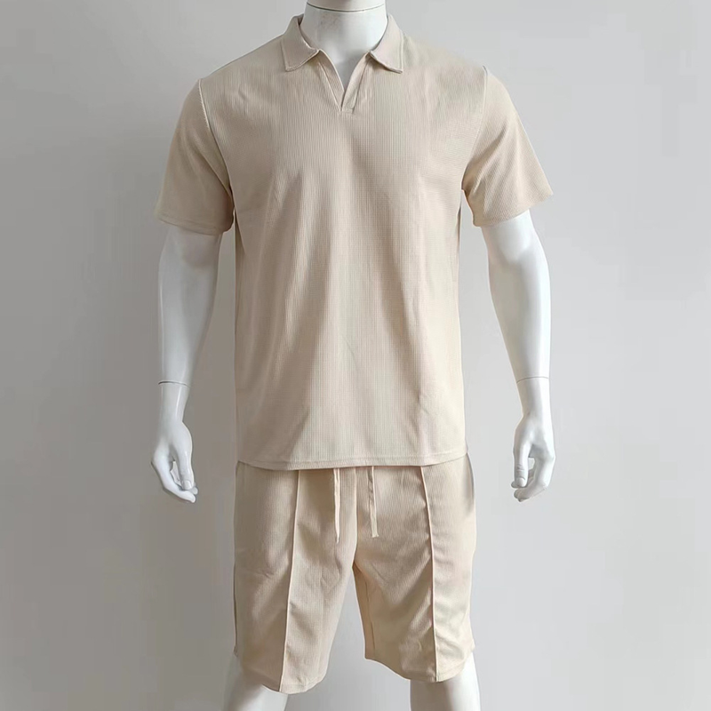 Ensemble d'été 2 pièces pour hommes, costume gaufré, couleur unie, mince, décontracté, Polo, manches courtes, ensemble Short et haut_voghion.com